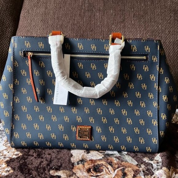 DONNEY & BOURKE Navy Blue Gretta Zip Closure Gold-Tone Hardware Satchel Bag NWT - Picture 1 of 15